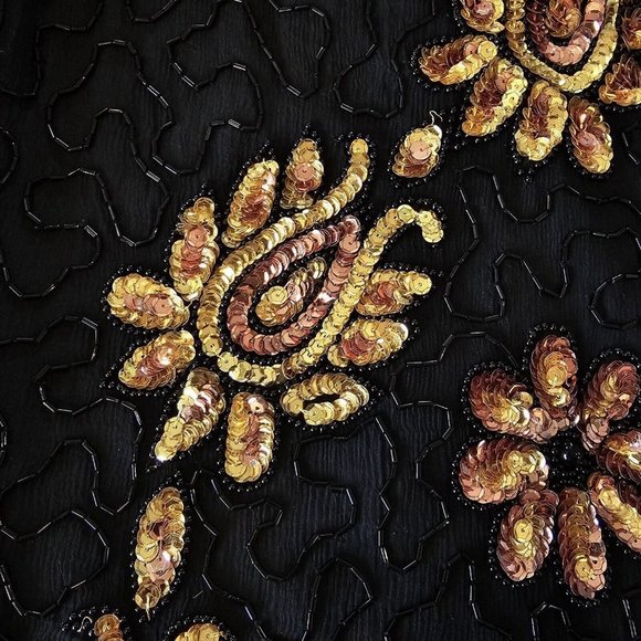 80s‎ Small Black Silk Beaded Formal Blouse Sequins Special Occasion Gold - Picture 7 of 13